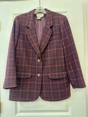 Eddie Bauer Women's Plum Plaid Wool Blazer Jacket Size M 100% wool